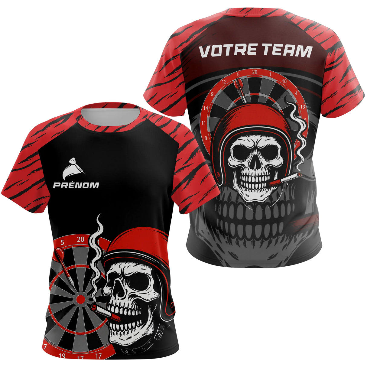 Maillot Fléchettes Motard Tête de Mort - Noir & Rouge Personnalisé - T-Shirt Femme