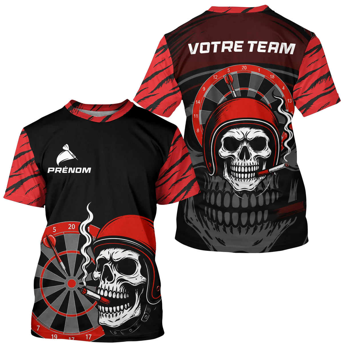 Maillot Fléchettes Motard Tête de Mort - Noir & Rouge Personnalisé - T-Shirt Homme