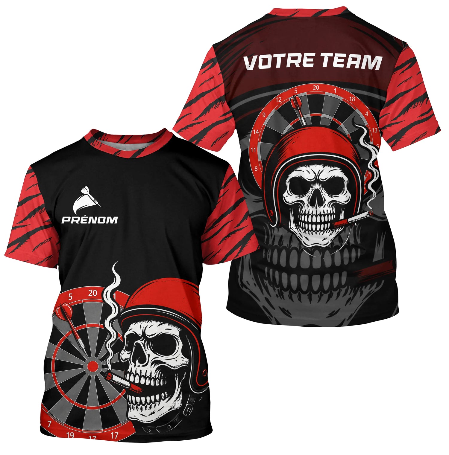 Maillot Fléchettes Motard Tête de Mort - Noir & Rouge Personnalisé - T-Shirt Homme