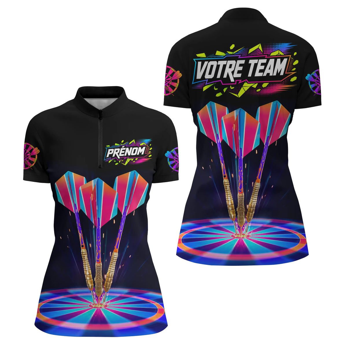 Maillot Fléchettes Néon Noir - Cyber Néon Multicolore - Polo Zippé Femme