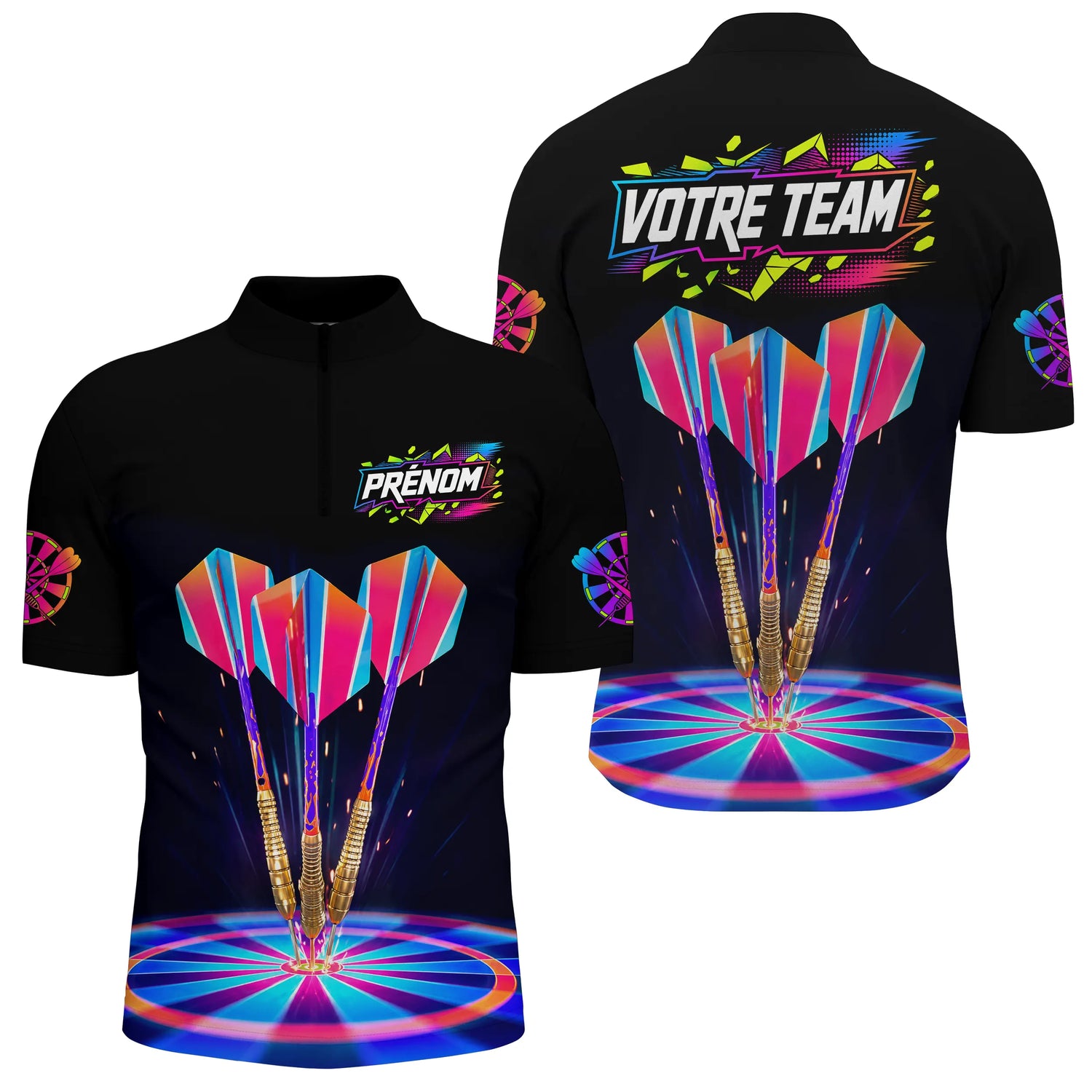 Maillot Fléchettes Néon Noir - Cyber Néon Multicolore - Polo Zippé Homme