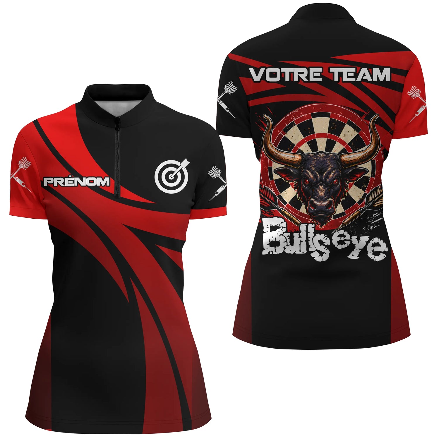 Maillot Fléchettes Personnalisé - Bullseye Noir & Rouge - Polo Zippé Femme