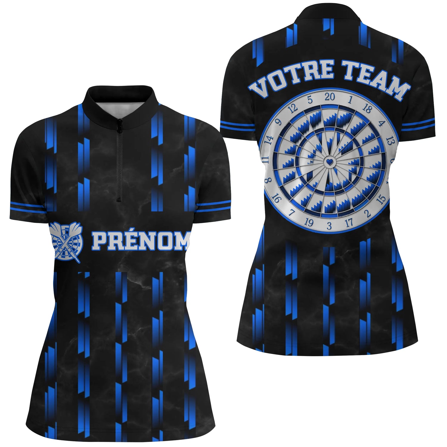Maillot Fléchettes Personnalisé - Design Bleu Prénom - Polo Zippé Femme