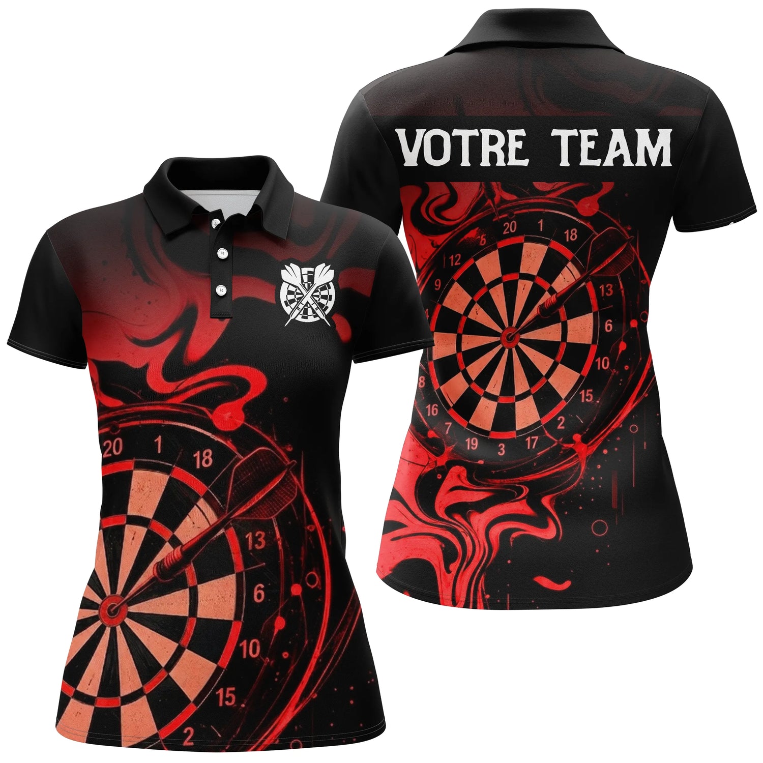 Maillot Fléchettes Personnalisé - Design Flammes Rouge & Noir - Polo Femme