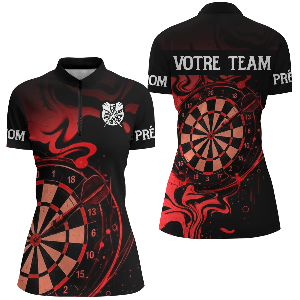 Maillot Fléchettes Personnalisé - Design Flammes Rouge & Noir - Polo Zippé Femme