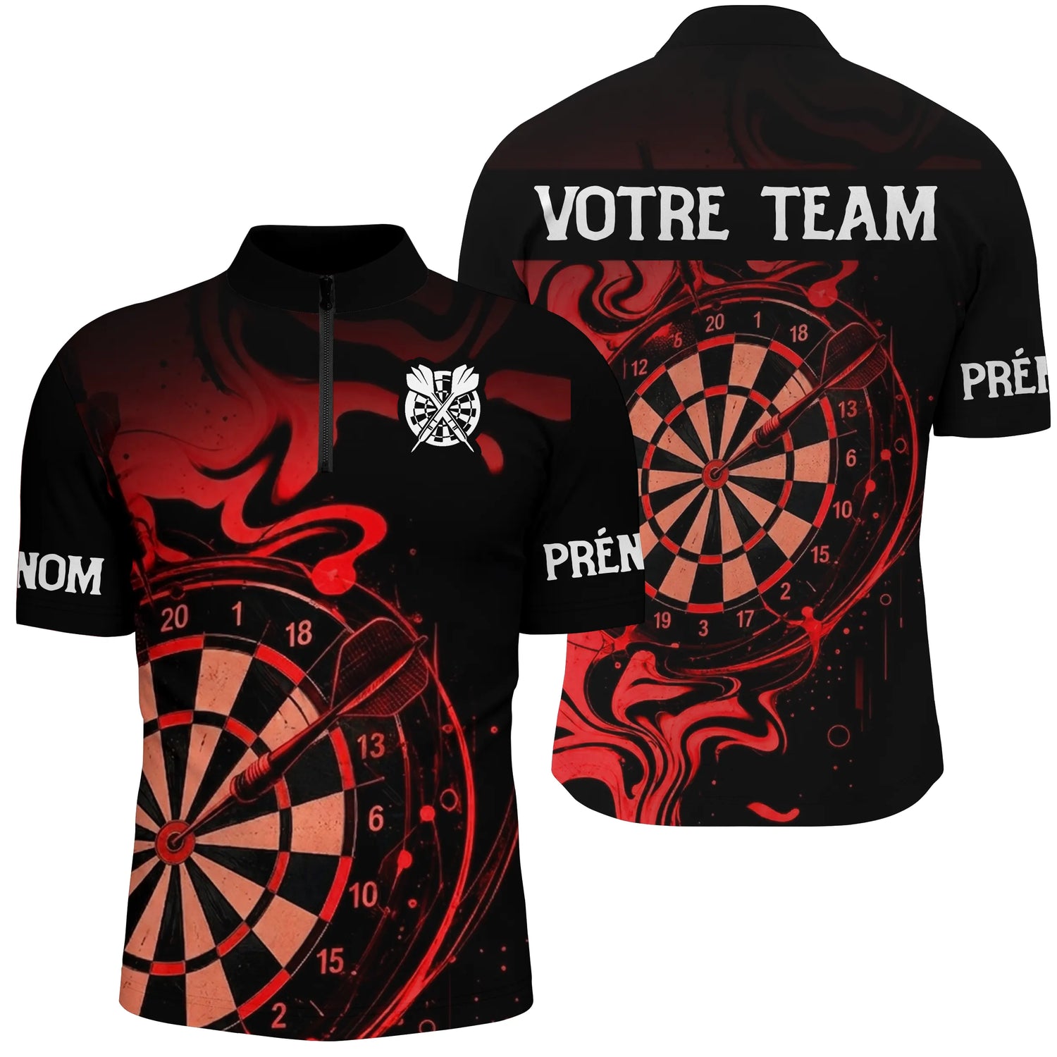 Maillot Fléchettes Personnalisé - Design Flammes Rouge & Noir - Polo Zippé Homme