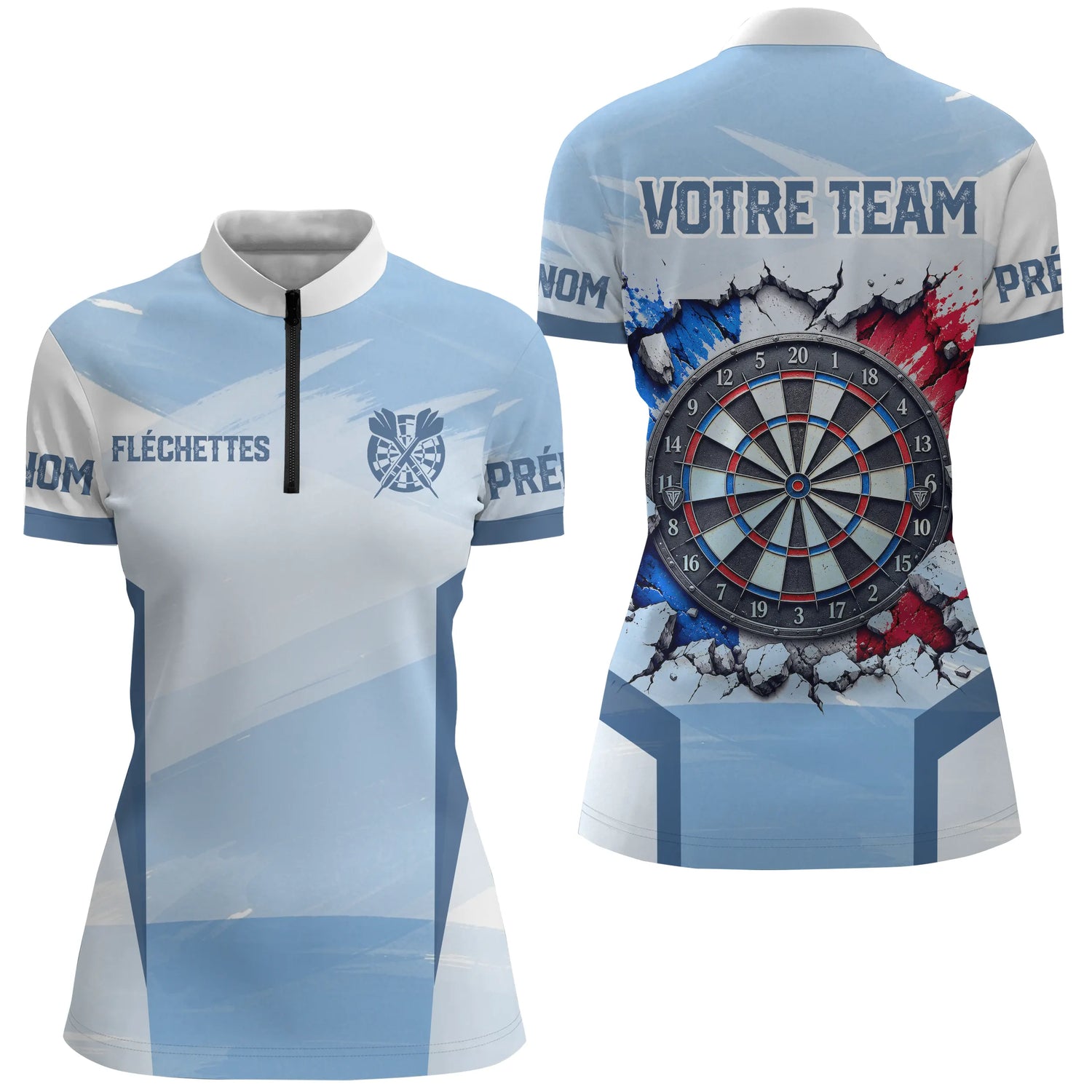 Maillot Fléchettes Personnalisé - Look Équipe Drapeau Français - Polo Zippé Femme