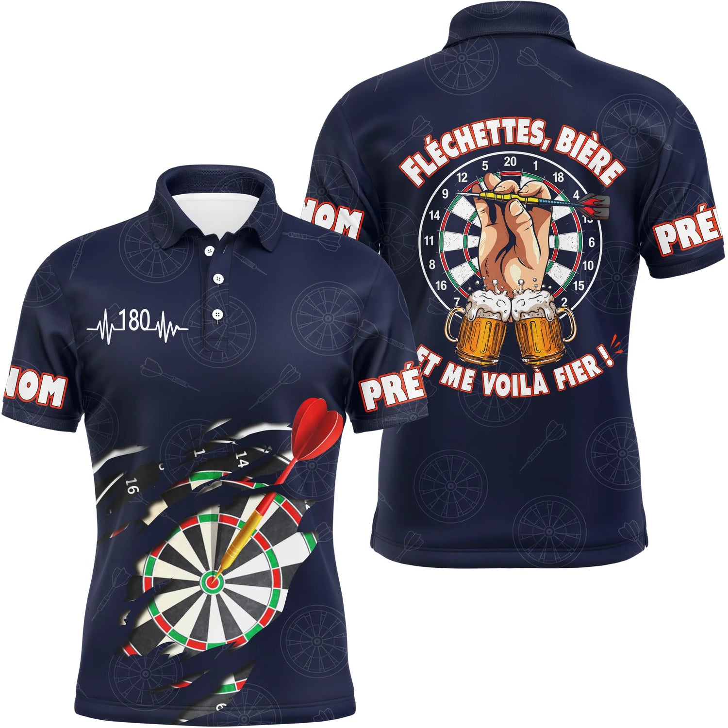 Maillot Fléchettes Personnalisé - Style Bière 180 Marine - Polo Homme