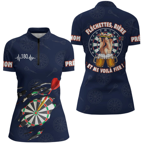 Maillot Fléchettes Personnalisé - Style Bière 180 Marine - Polo Zippé Femme