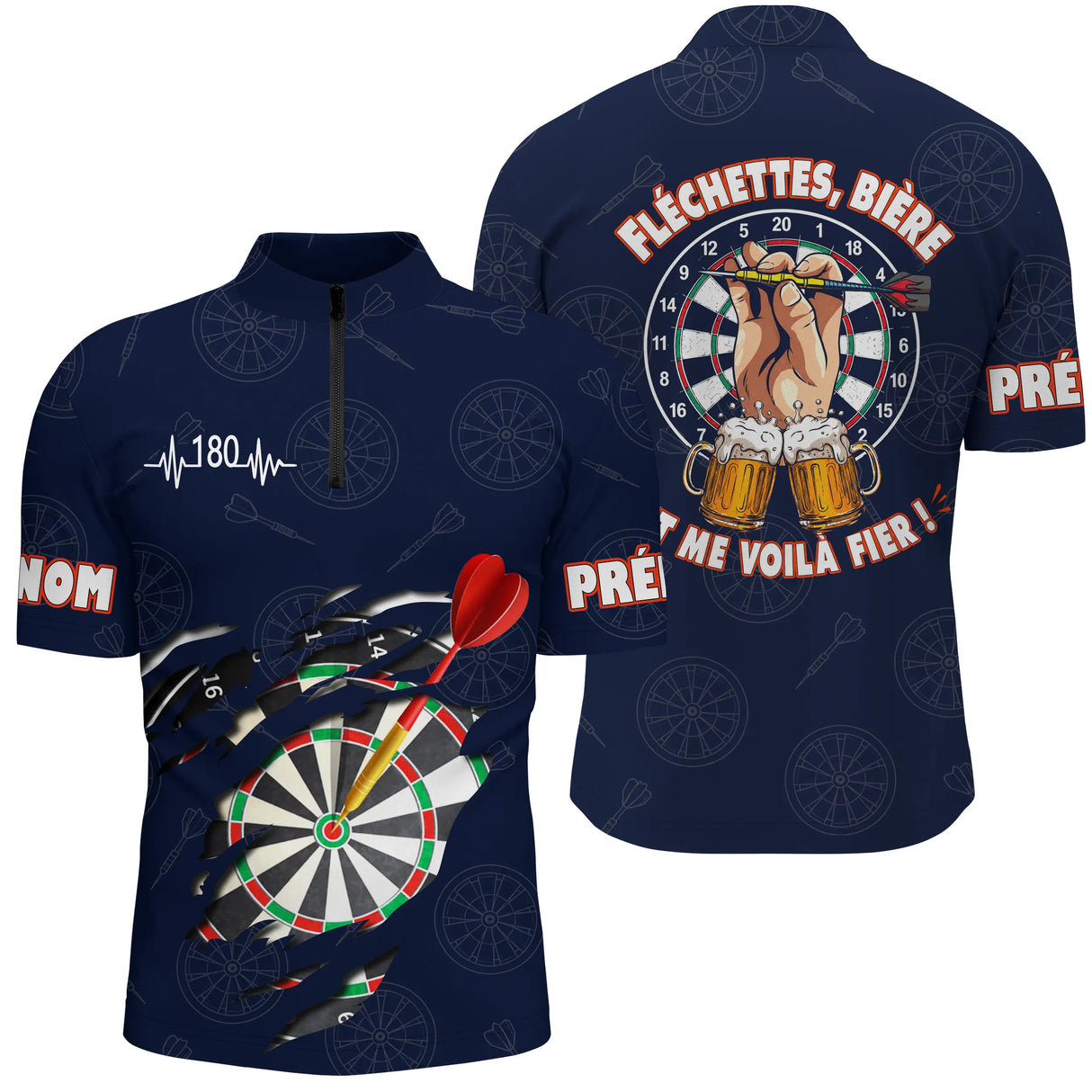 Maillot Fléchettes Personnalisé - Style Bière 180 Marine - Polo Zippé Homme