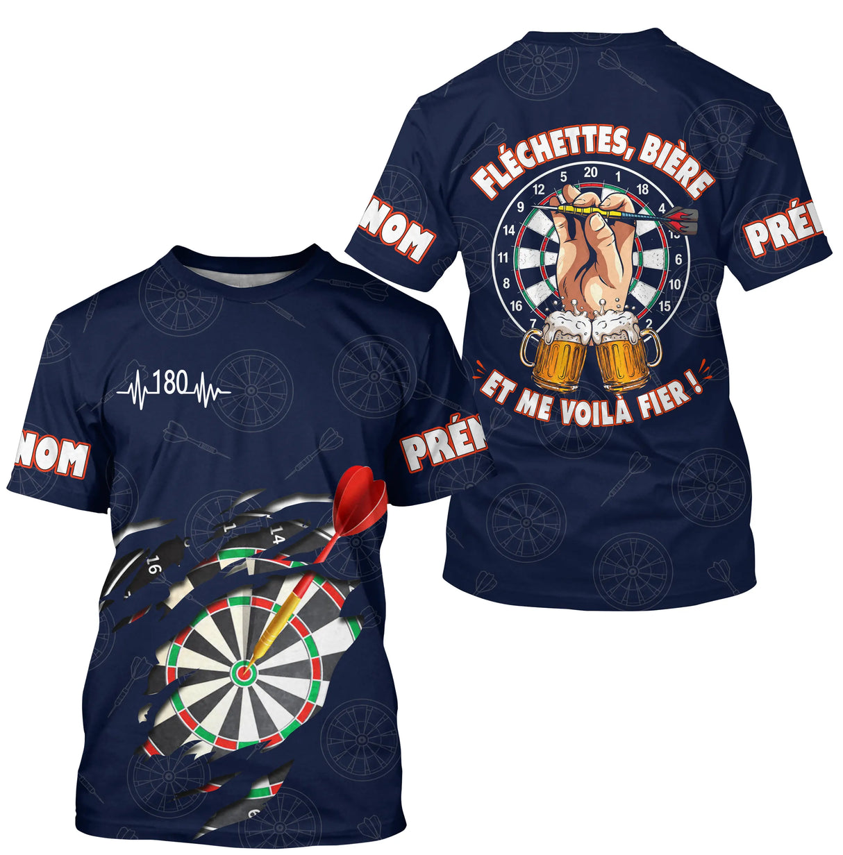 Maillot Fléchettes Personnalisé - Style Bière 180 Marine - T-Shirt Homme