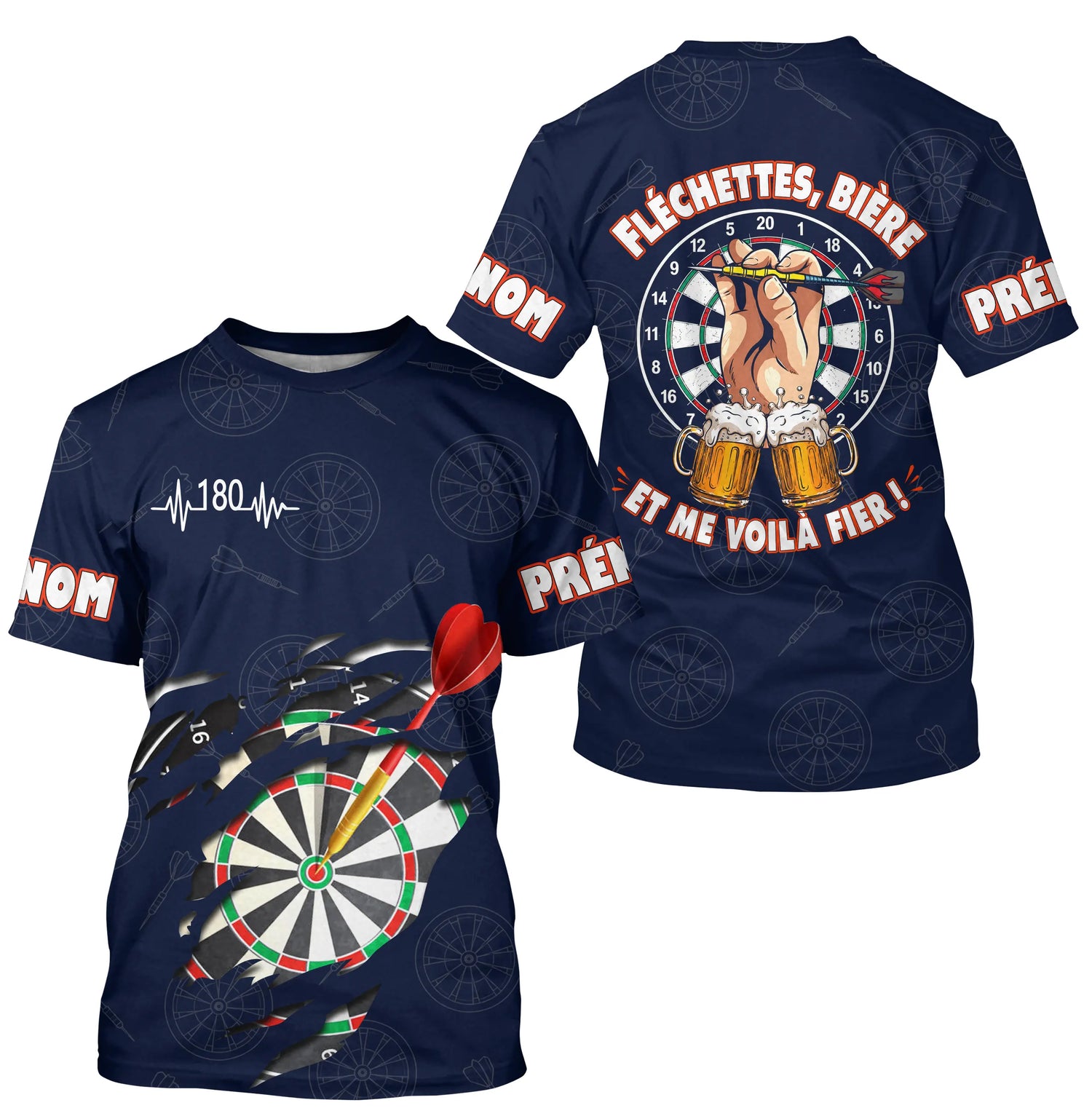 Maillot Fléchettes Personnalisé - Style Bière 180 Marine - T-Shirt Homme