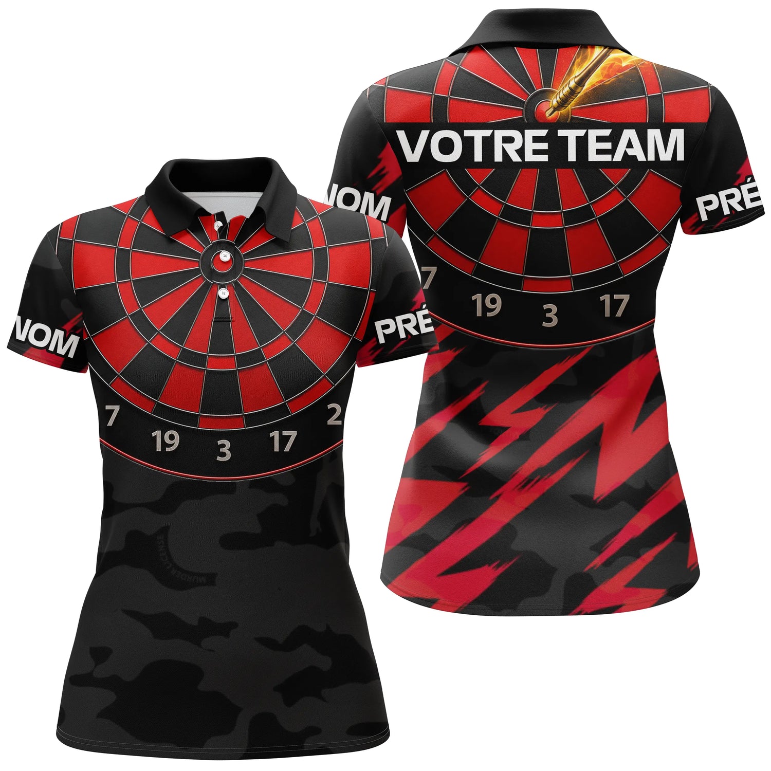 Maillot Fléchettes Personnalisé - Éclair Noir et Rouge - Polo Femme