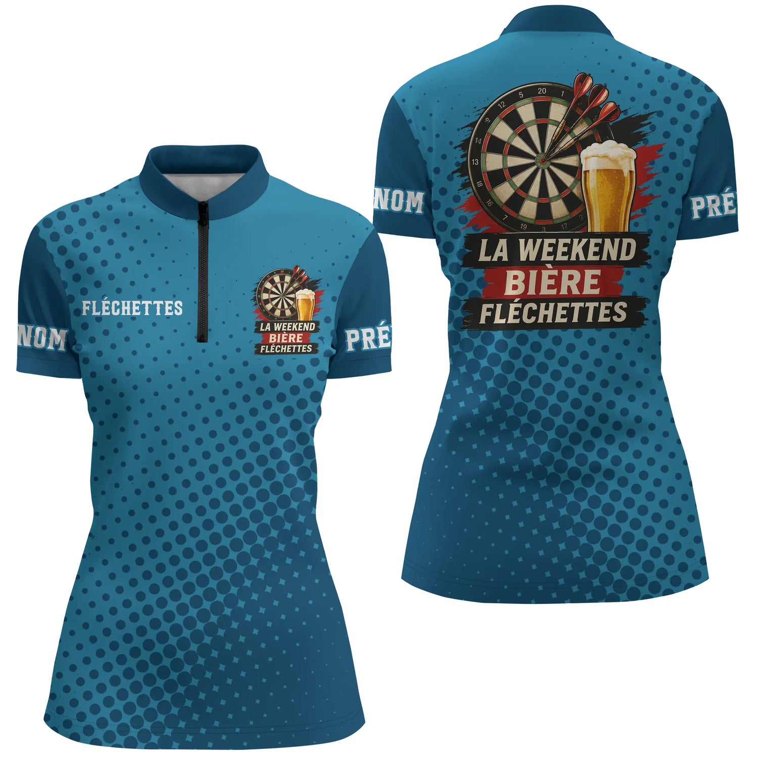 Maillot Fléchettes Personnalisé Bleu - Bière & Humour - Polo Zippé Femme