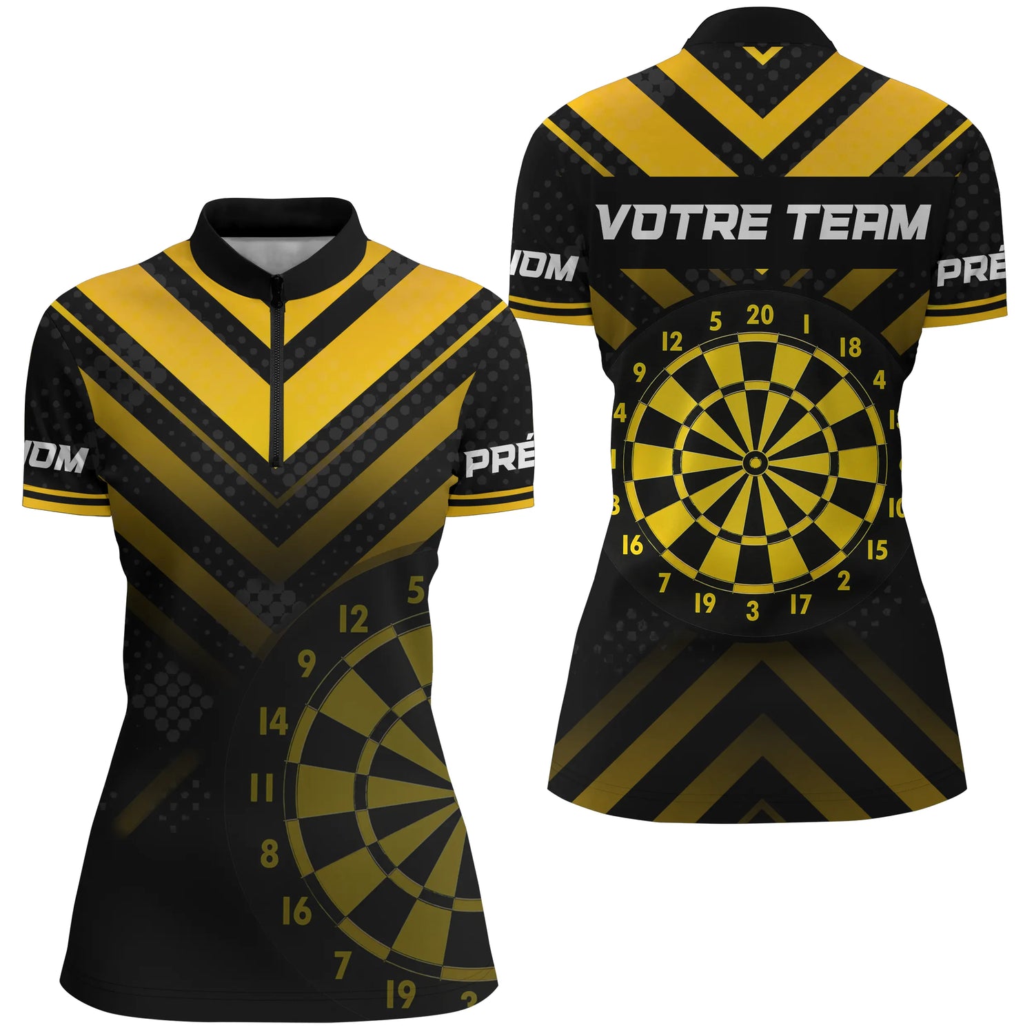 Maillot Fléchettes Personnalisé – Style Performance Noir & Jaune - Polo Zippé Femme