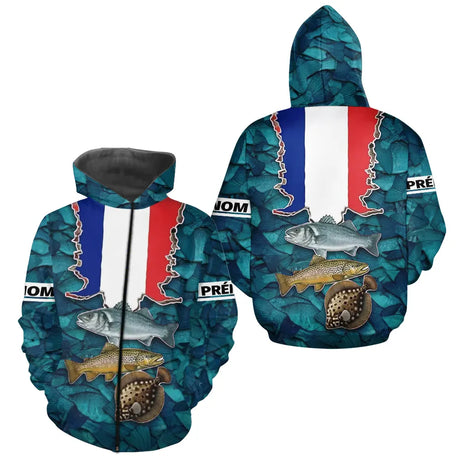 Maillot Pêche 3D Personnalisé - Bleu Blanc Rouge France - Zippé Hoodie Homme