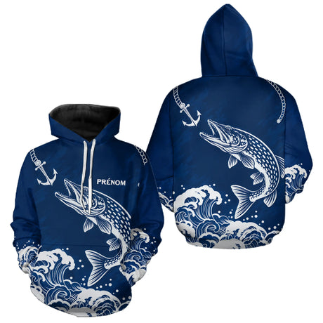Maillot Pêche Ancre & Brochet Personnalisé - Bleu & Blanc - Hoodie Homme