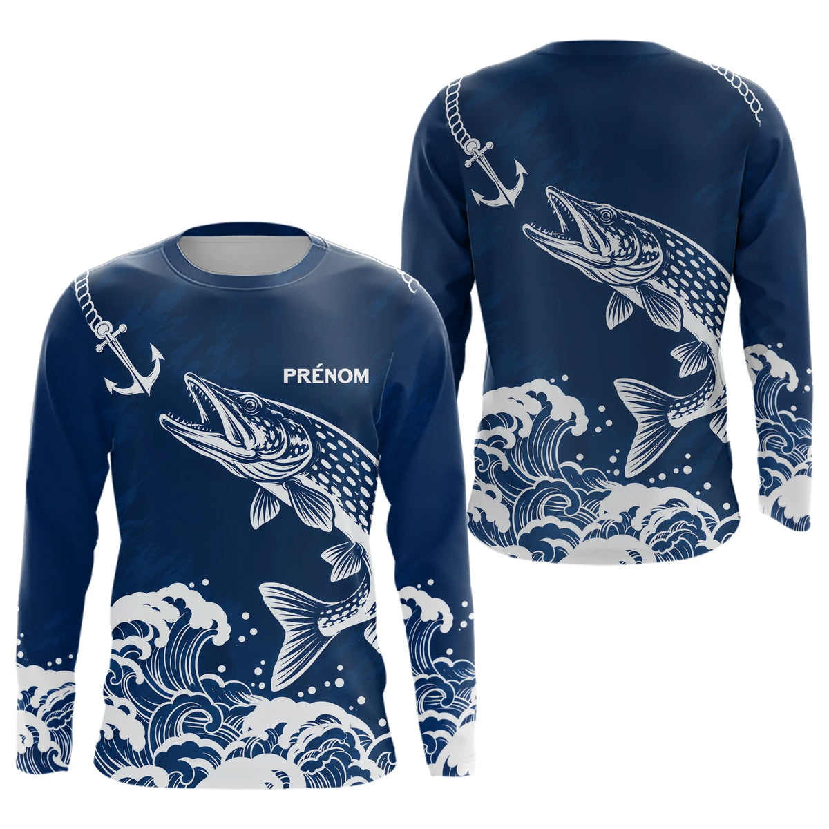 Maillot Pêche Ancre & Brochet Personnalisé - Bleu & Blanc - Long Sleeves Homme