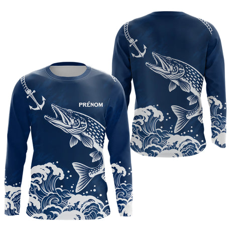 Maillot Pêche Ancre & Brochet Personnalisé - Bleu & Blanc - Long Sleeves Homme