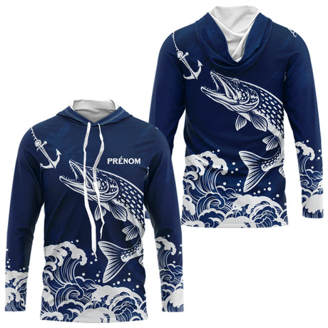 Maillot Pêche Ancre & Brochet Personnalisé - Bleu & Blanc - Long Sleeves Hoodie Homme