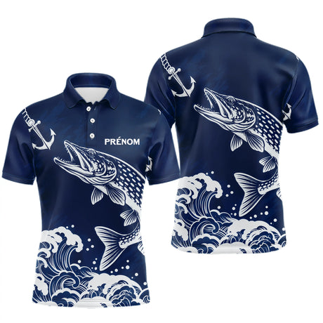 Maillot Pêche Ancre & Brochet Personnalisé - Bleu & Blanc - Polo Homme