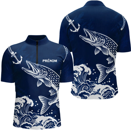 Maillot Pêche Ancre & Brochet Personnalisé - Bleu & Blanc - Polo Zippé Homme