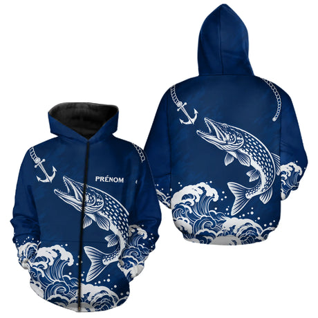 Maillot Pêche Ancre & Brochet Personnalisé - Bleu & Blanc - Zippé Hoodie Homme