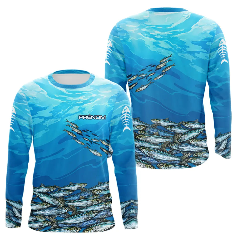 Maillot Pêche Anti UV Bleu Océan - Personnalisé Prénom - Long Sleeves Homme