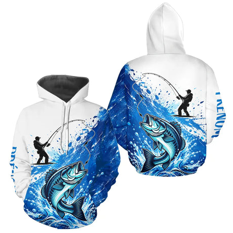 Maillot Pêche Bass Personnalisé Prénom - Bleu & Blanc Anti UV - Hoodie Homme
