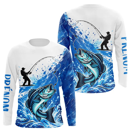 Maillot Pêche Bass Personnalisé Prénom - Bleu & Blanc Anti UV - Long Sleeves Homme