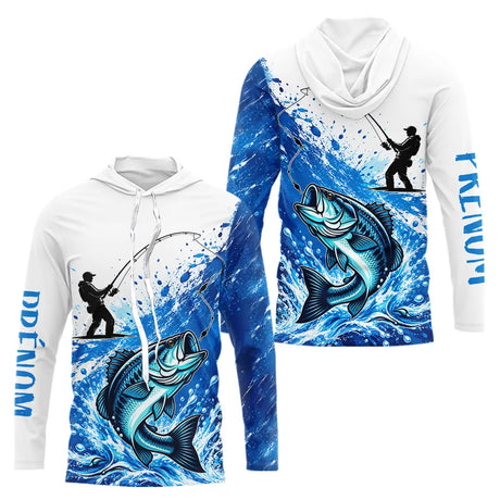 Maillot Pêche Bass Personnalisé Prénom - Bleu & Blanc Anti UV - Long Sleeves Hoodie Homme