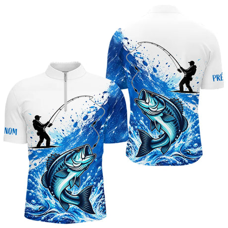 Maillot Pêche Bass Personnalisé Prénom - Bleu & Blanc Anti UV - Polo Zippé Homme