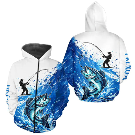 Maillot Pêche Bass Personnalisé Prénom - Bleu & Blanc Anti UV - Zippé Hoodie Homme