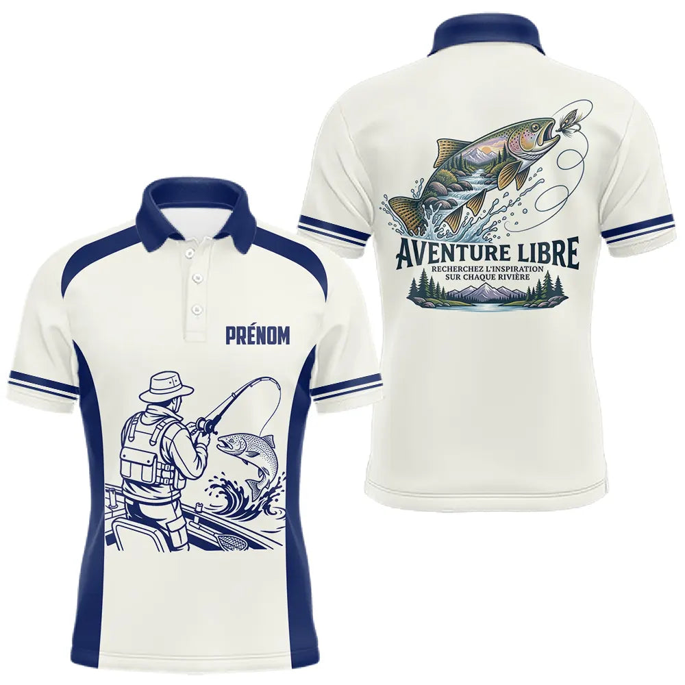 Maillot Pêche Bleu & Crème Truite - Aventure Rivière Personnalisé - Polo Homme