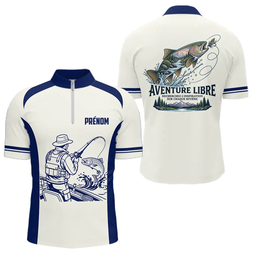 Maillot Pêche Bleu & Crème Truite - Aventure Rivière Personnalisé - Polo Zippé Homme