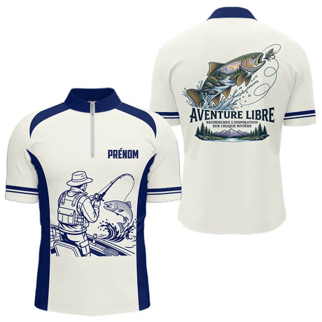 Maillot Pêche Bleu & Crème Truite - Aventure Rivière Personnalisé - Polo Zippé Homme
