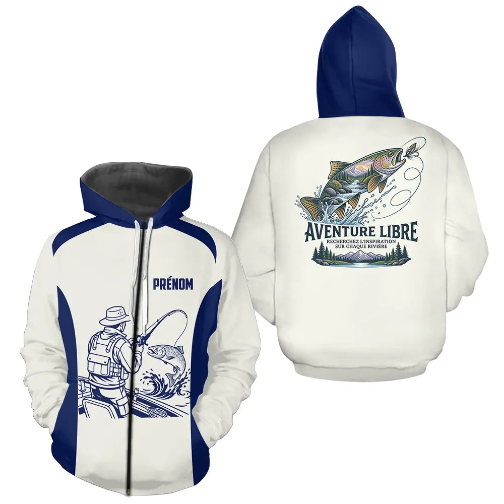 Maillot Pêche Bleu & Crème Truite - Aventure Rivière Personnalisé - Zippé Hoodie Homme