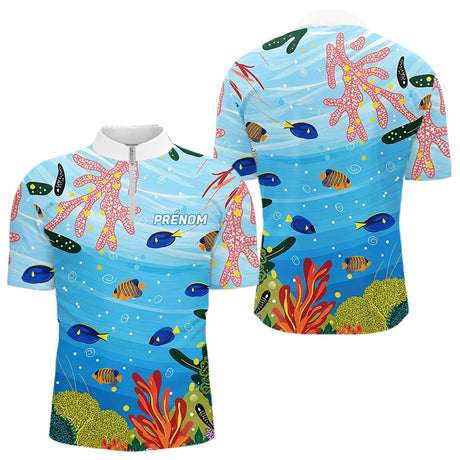 Maillot Pêche Bleu Récif Corail Personnalisé - Homme Femme - Polo Zippé Homme