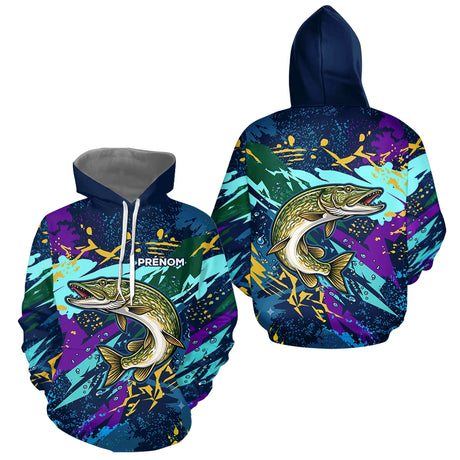 Maillot Pêche Brochet - Camo Violet & Bleu Personnalisé - Hoodie Homme