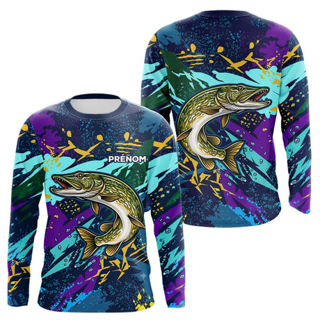 Maillot Pêche Brochet - Camo Violet & Bleu Personnalisé - Long Sleeves Homme