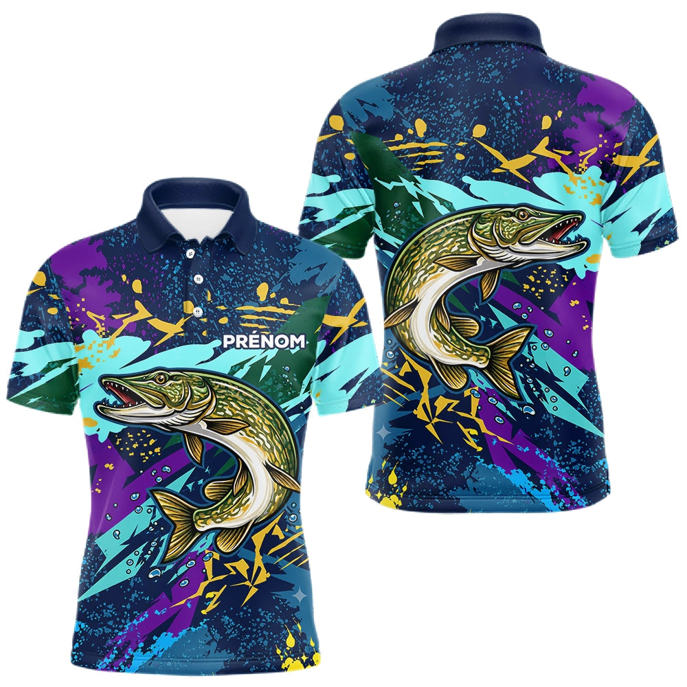 Maillot Pêche Brochet - Camo Violet & Bleu Personnalisé - Polo Homme