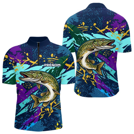 Maillot Pêche Brochet - Camo Violet & Bleu Personnalisé - Polo Zippé Homme