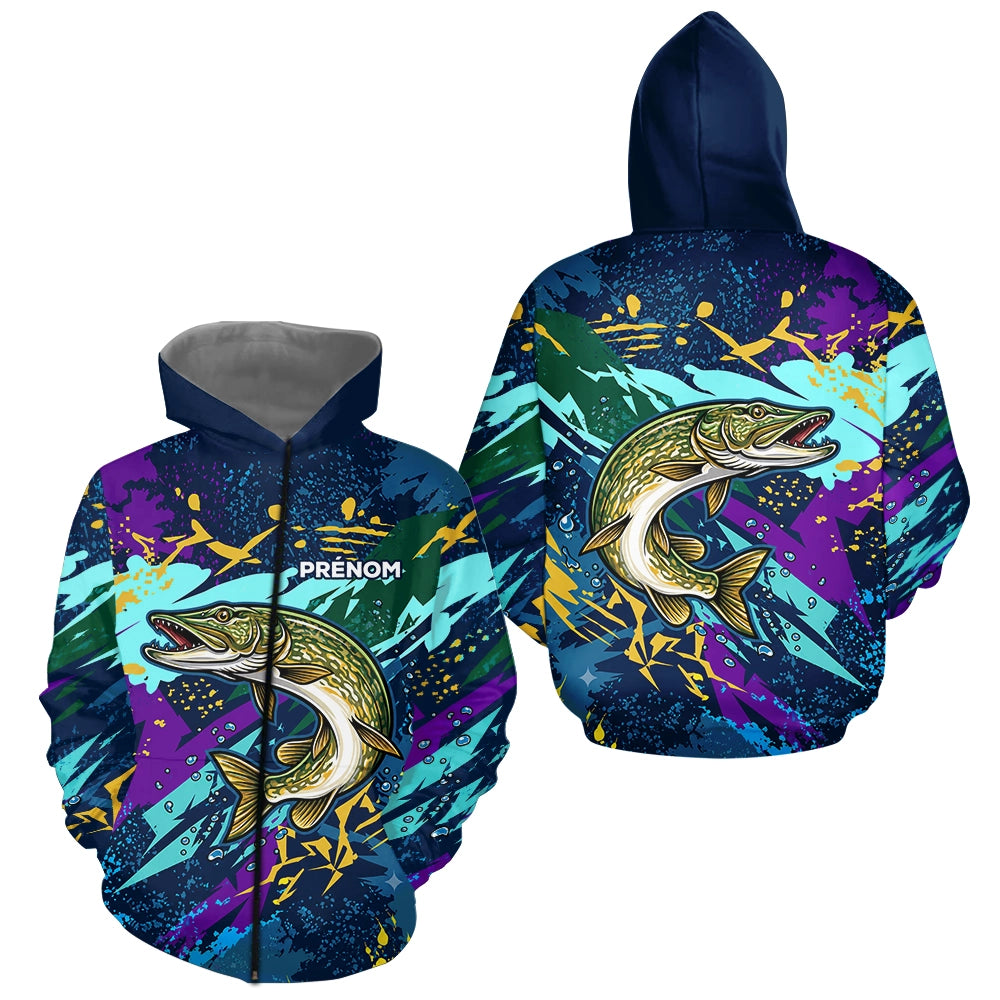 Maillot Pêche Brochet - Camo Violet & Bleu Personnalisé - Zippé Hoodie Homme