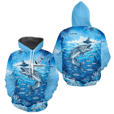 Maillot Pêche Brochet Bleu Personnalisé - Design Anti-UV - Hoodie Homme