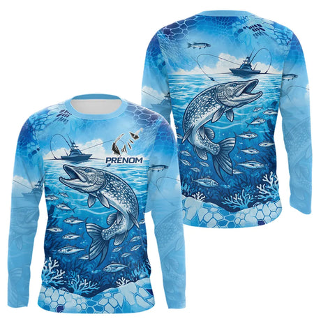 Maillot Pêche Brochet Bleu Personnalisé - Design Anti-UV - Long Sleeve Homme