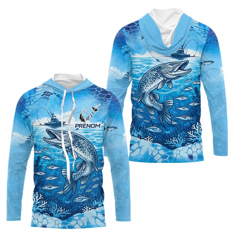 Maillot Pêche Brochet Bleu Personnalisé - Design Anti-UV - Long Sleeve Hoodie Homme