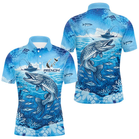 Maillot Pêche Brochet Bleu Personnalisé - Design Anti-UV - Polo Homme