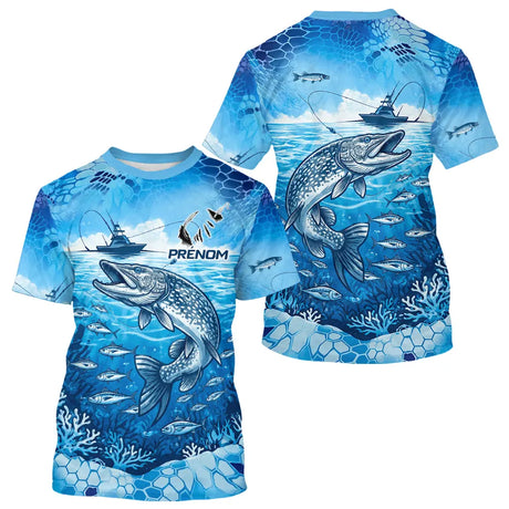Maillot Pêche Brochet Bleu Personnalisé - Design Anti-UV - T-Shirt Homme