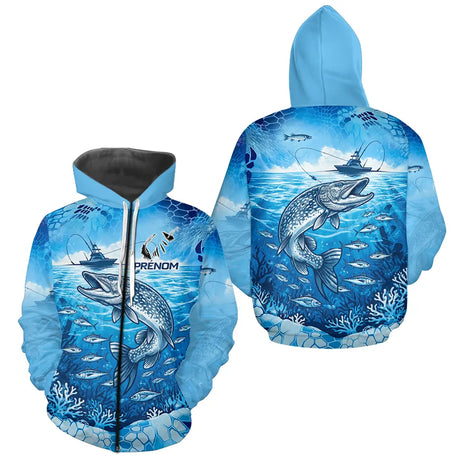Maillot Pêche Brochet Bleu Personnalisé - Design Anti-UV - Zippe Hoodie Homme