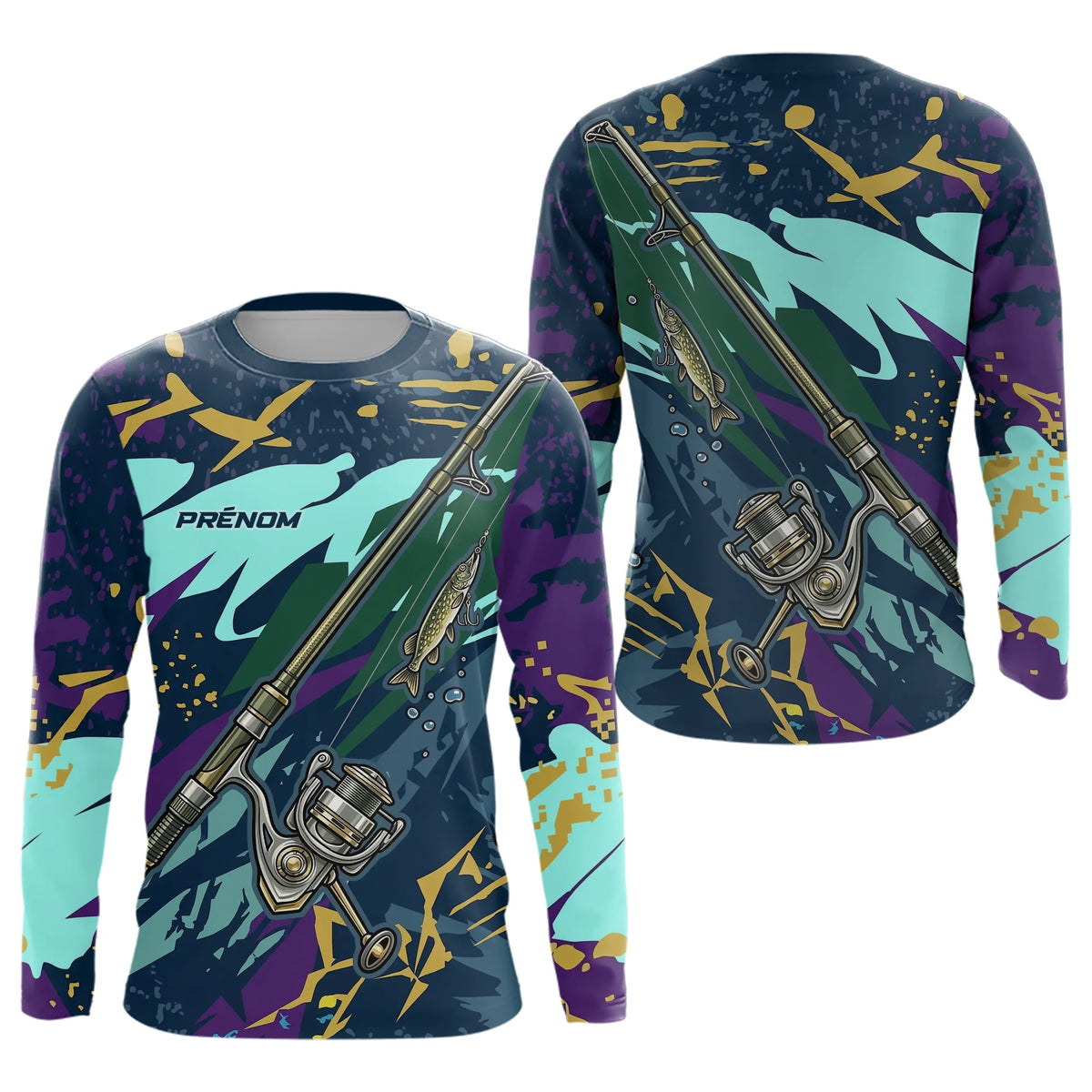 Maillot Pêche Brochet & Canne 3D - Personnalisé Bleu & Violet - Long Sleeves Homme
